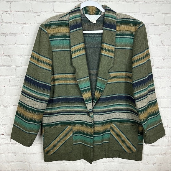 Blair green striped wool blend Aztec Western‎ Southwest blazer jacket sz 18 EUC - Picture 1 of 4